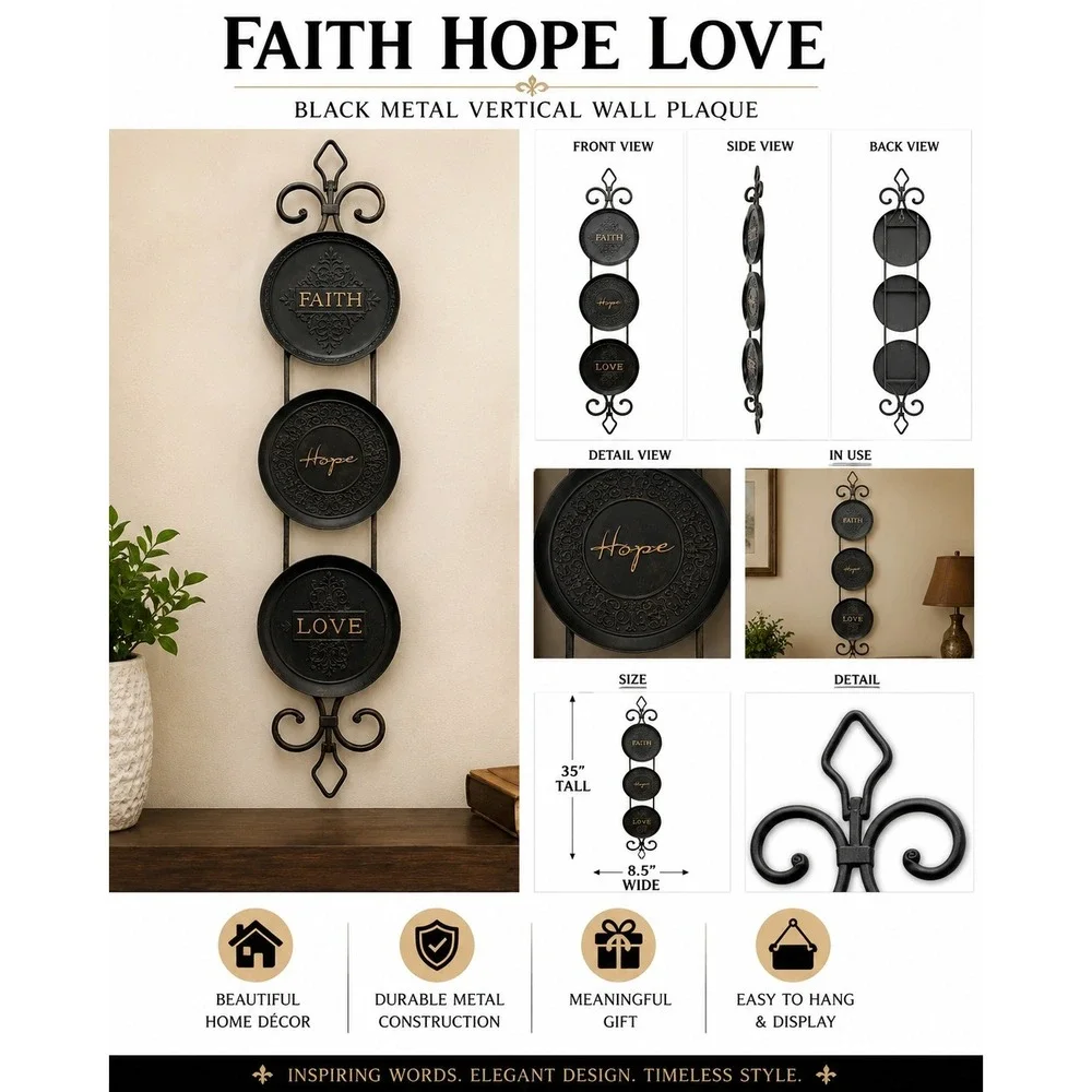 Faith Hope Love Black Metal Vertical Wall Plaque 35 Inch Scrollwork Decor